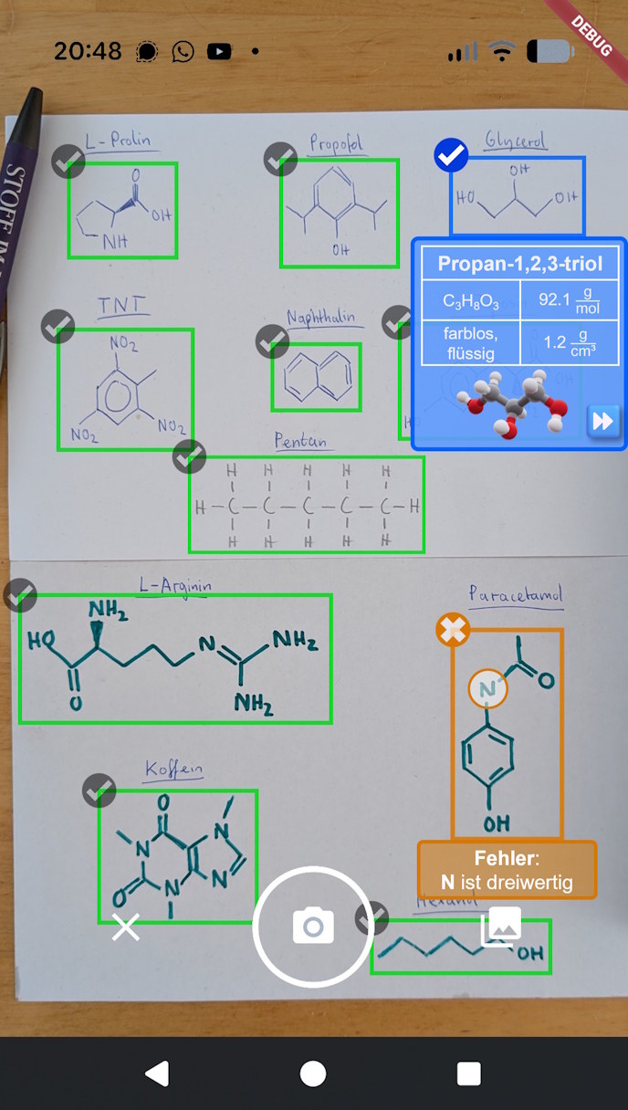 ChemLens-App erkennt handgezeichnete Strukturformeln und zeigt Stoffinformationen sowie ein 3D-Modell an
