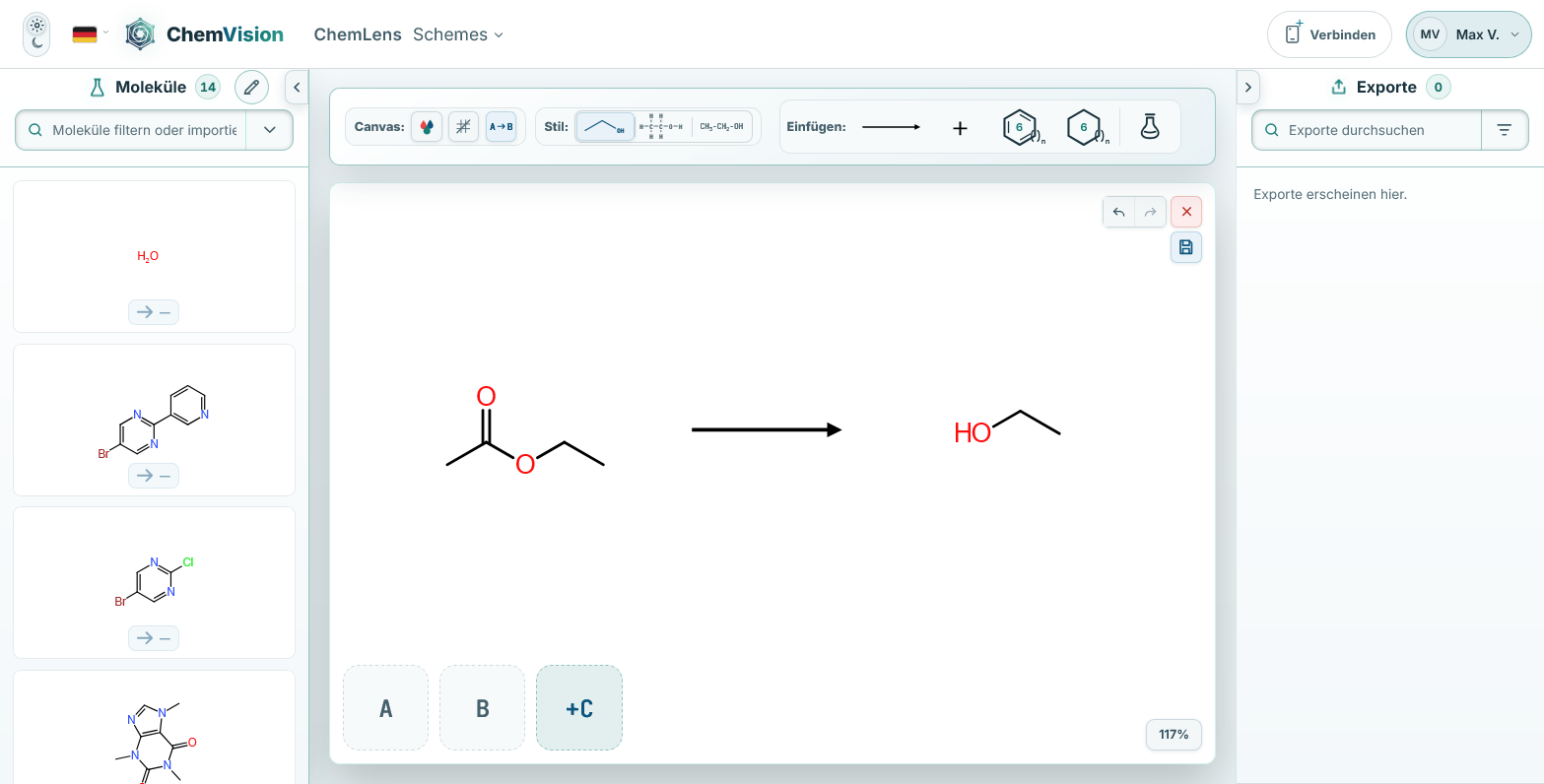Vorschau der ChemLens-Web-App mit Molekülauswahl und einer Zeichenfläche für chemische Schemata
