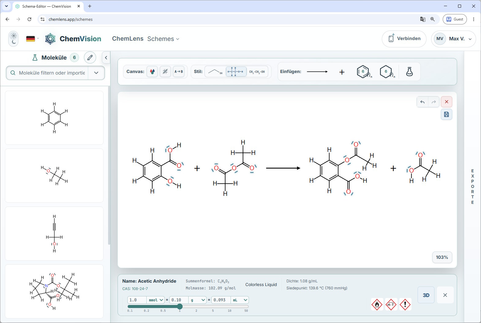 Vorschau der ChemLens-Web-App mit Molekülauswahl und einer Zeichenfläche für chemische Schemata